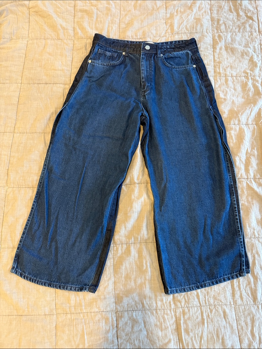 French Connection Two-Tone Slit-Leg  Wide-Leg Jeans in Deep Blue